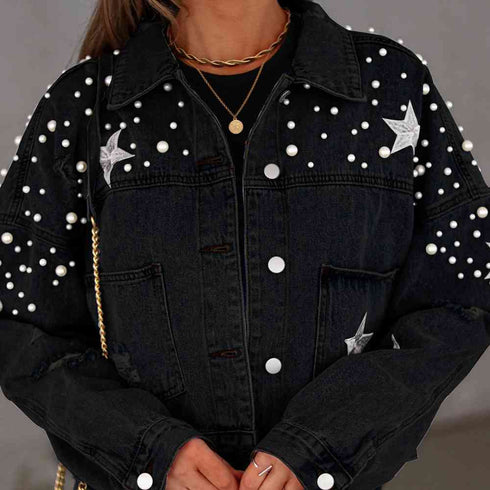 'Marlowe' Distressed Pearl Crop Jacket - Celes Fashion